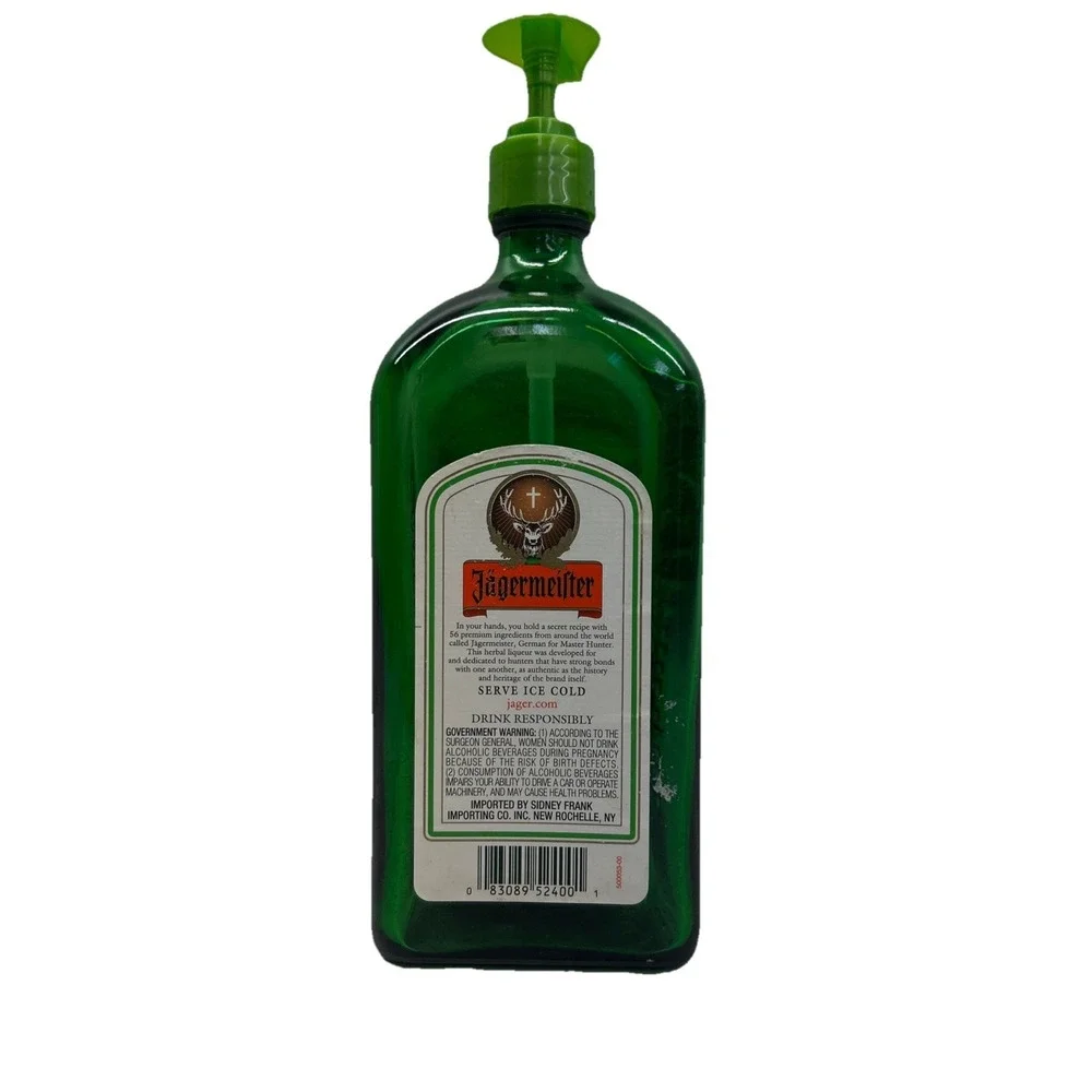 Soap or Lotion Dispenser Repurposed Jagermeister Alcohol 12oz Bottle Green Glass